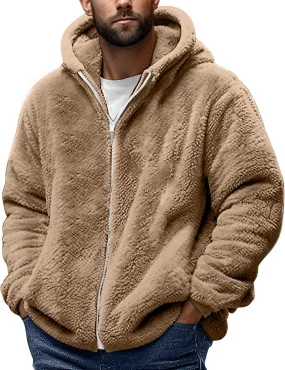 Men's Winter Hoodies Sherpa Fleece Jacket Warm Lightweight Plush Fuzzy Sweatshirt Zip Up Outwear Faux Fur Fluffy Coat