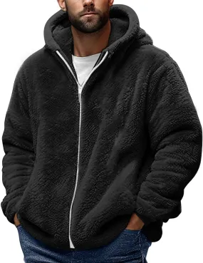 Men's Winter Hoodies Sherpa Fleece Jacket Warm Lightweight Plush Fuzzy Sweatshirt Zip Up Outwear Faux Fur Fluffy Coat