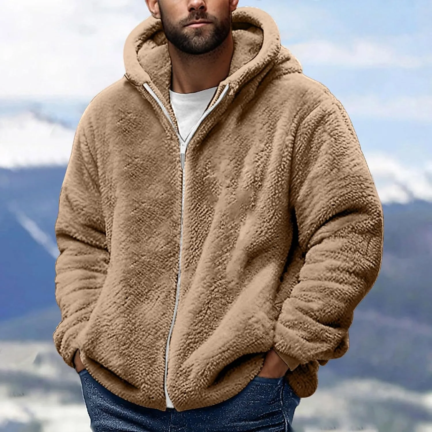 Men's Winter Hoodies Sherpa Fleece Jacket Warm Lightweight Plush Fuzzy Sweatshirt Zip Up Outwear Faux Fur Fluffy Coat