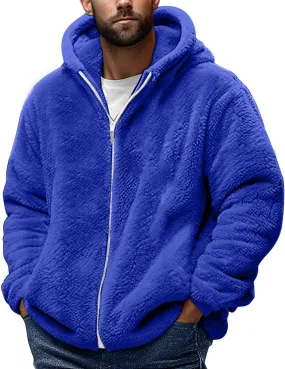 Men's Winter Hoodies Sherpa Fleece Jacket Warm Lightweight Plush Fuzzy Sweatshirt Zip Up Outwear Faux Fur Fluffy Coat