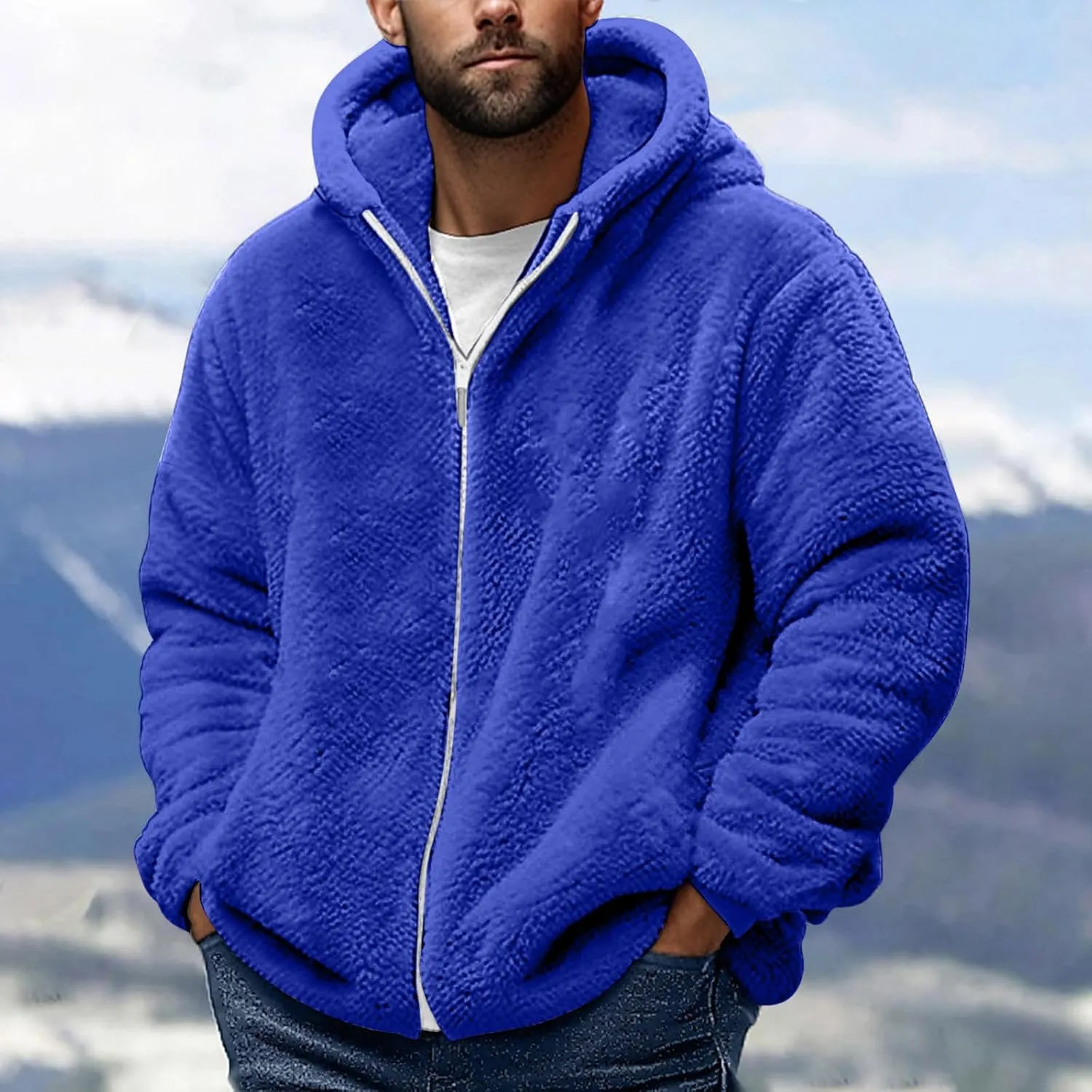 Men's Winter Hoodies Sherpa Fleece Jacket Warm Lightweight Plush Fuzzy Sweatshirt Zip Up Outwear Faux Fur Fluffy Coat