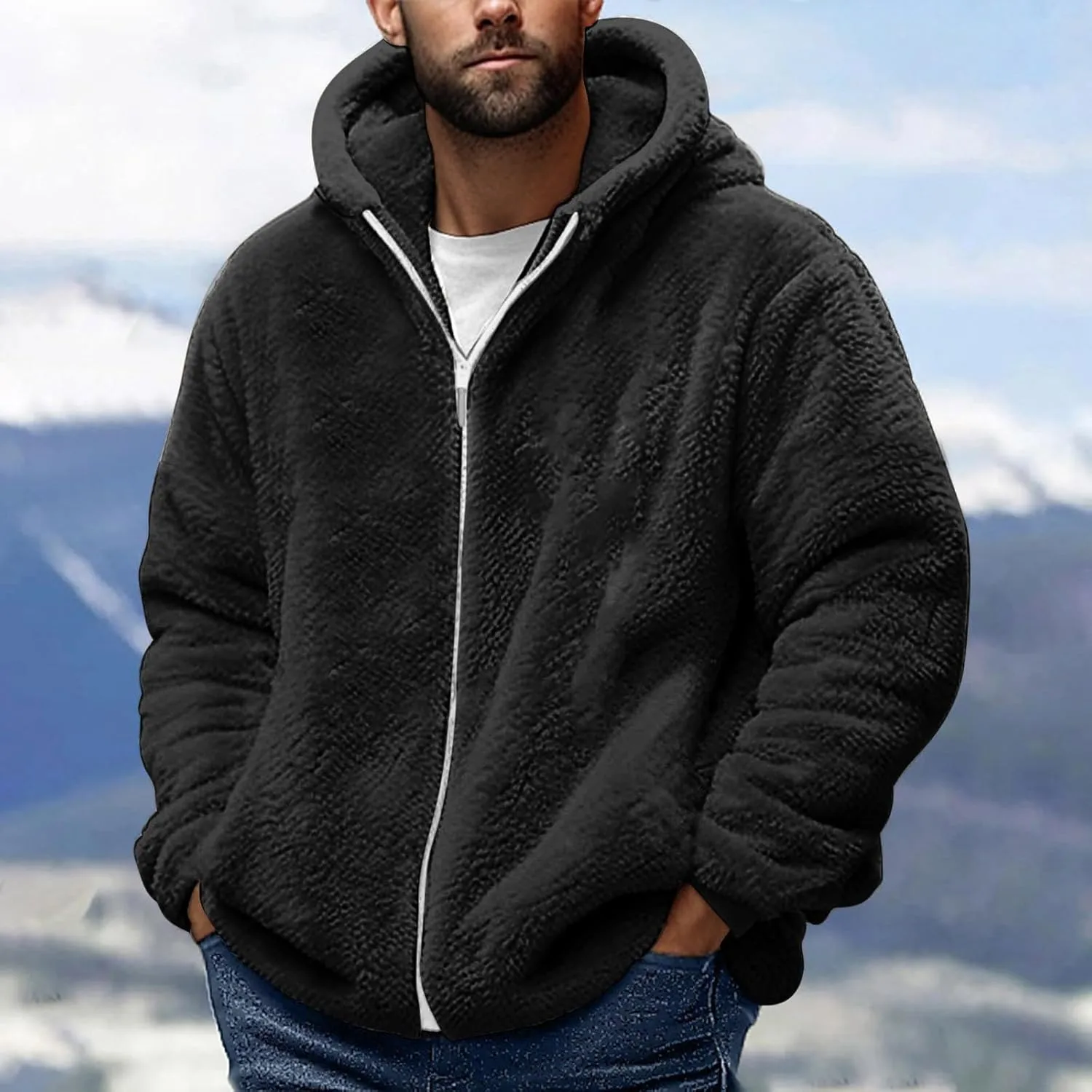 Men's Winter Hoodies Sherpa Fleece Jacket Warm Lightweight Plush Fuzzy Sweatshirt Zip Up Outwear Faux Fur Fluffy Coat