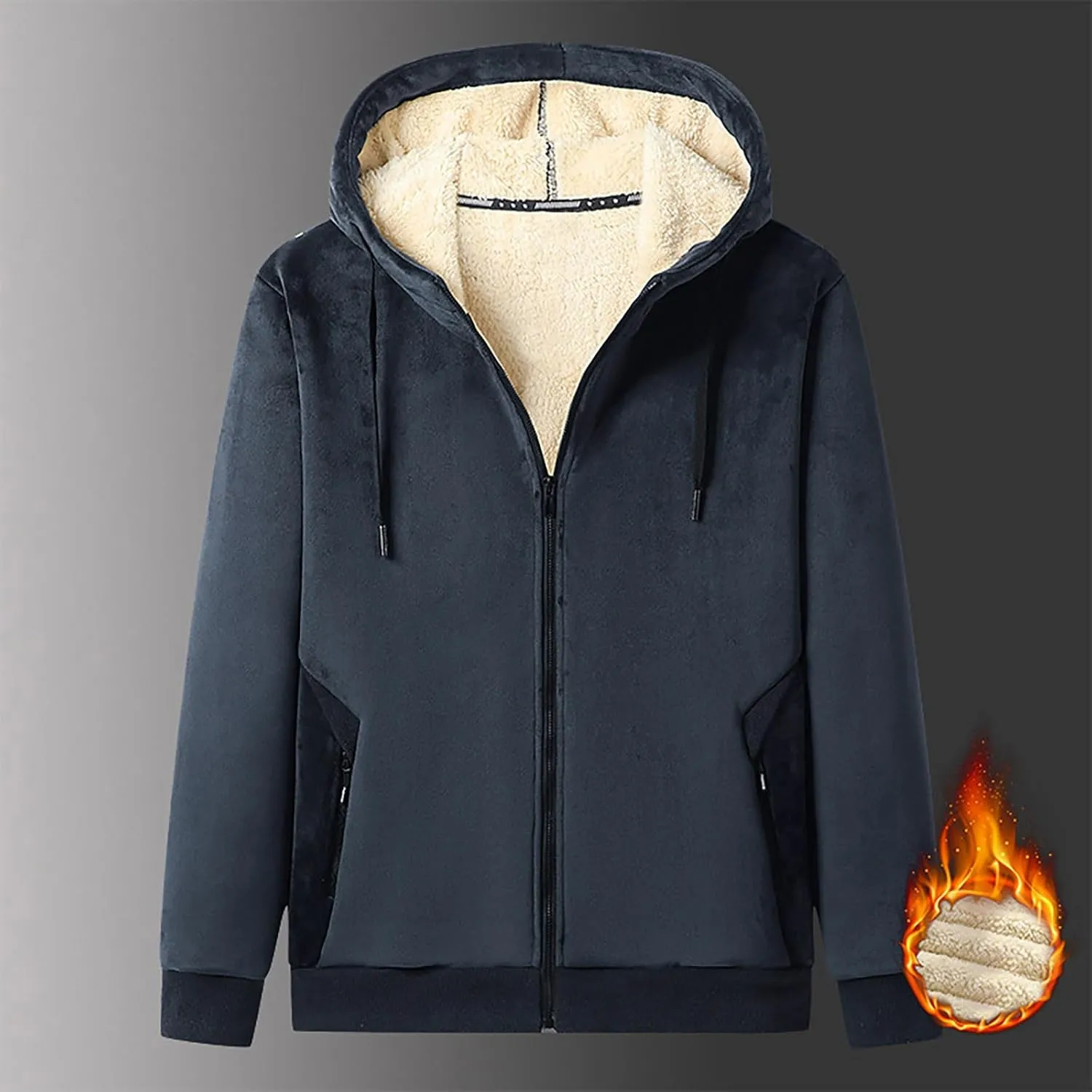 Men's Zip up Hoodie Warm Sherpa Fleece Lined Winter Jackets Casual Long Sleeve Hooded Drawstring Coats with Pockets