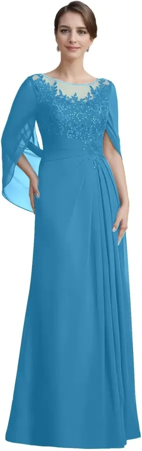 Mother of The Bride Dresses A-line Scoop Illusion Floor-Length Lace Chiffon Shawl Sleeves Gowns with Pleated Sequins