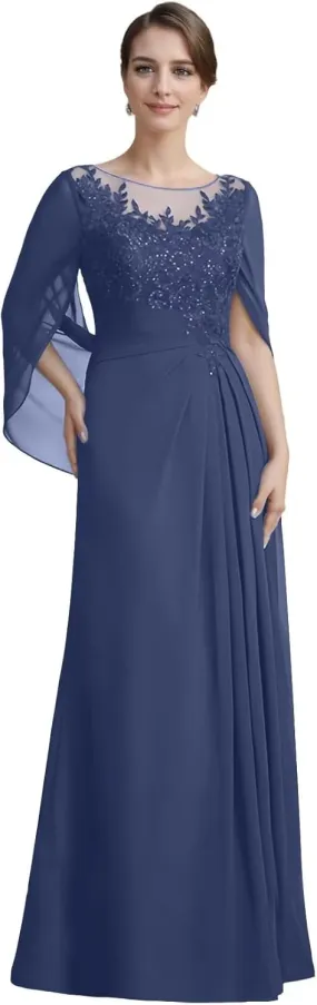Mother of The Bride Dresses A-line Scoop Illusion Floor-Length Lace Chiffon Shawl Sleeves Gowns with Pleated Sequins