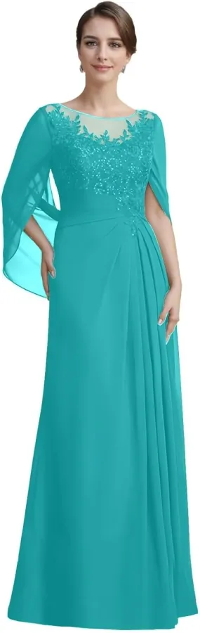 Mother of The Bride Dresses A-line Scoop Illusion Floor-Length Lace Chiffon Shawl Sleeves Gowns with Pleated Sequins