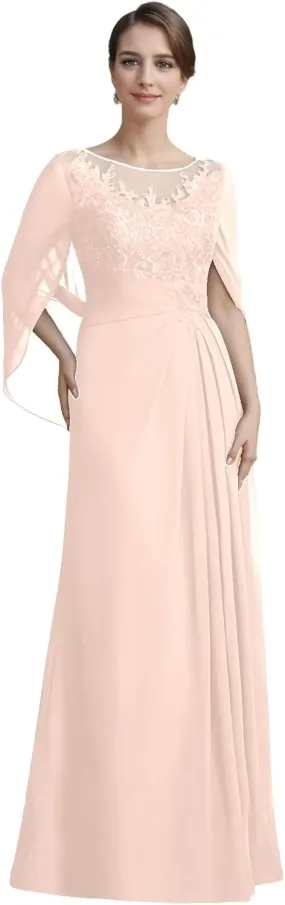 Mother of The Bride Dresses A-line Scoop Illusion Floor-Length Lace Chiffon Shawl Sleeves Gowns with Pleated Sequins