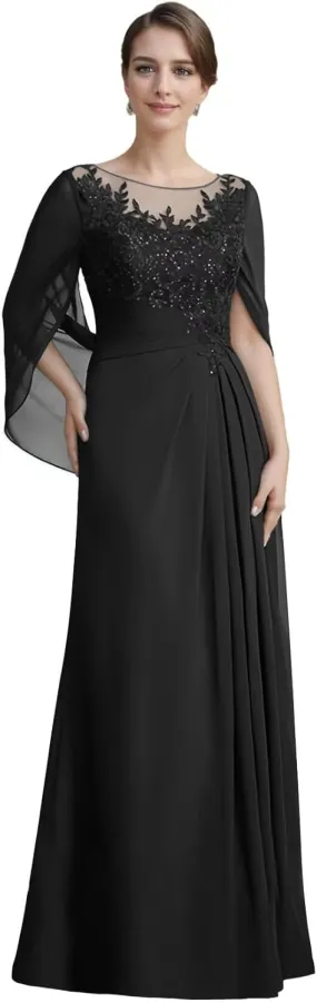 Mother of The Bride Dresses A-line Scoop Illusion Floor-Length Lace Chiffon Shawl Sleeves Gowns with Pleated Sequins