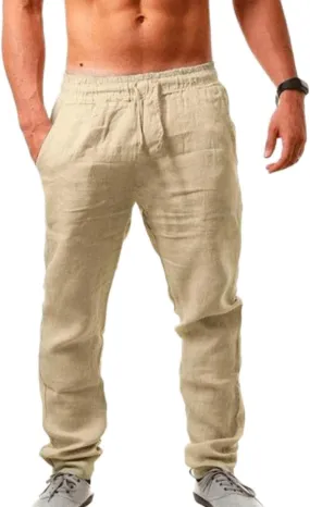 Muyise Men's Casual Linen Pants Elastic Waist Drawstring Loose Fit Jogger Yoga Trousers Quick Dry Lounge Pants with Pockets