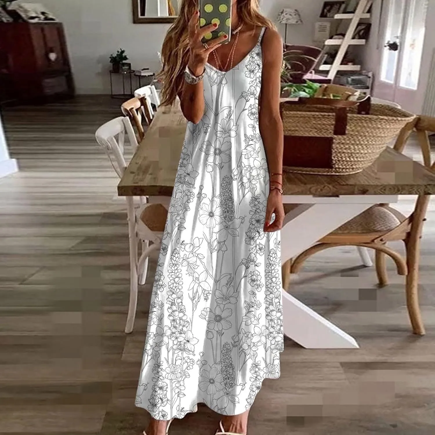 Mzkdieey Women's 2024 Summer Dress Casual Boho Floral Print Sundress Spaghetti Strap V Neck Flowy Maxi Beach Vacation Dress