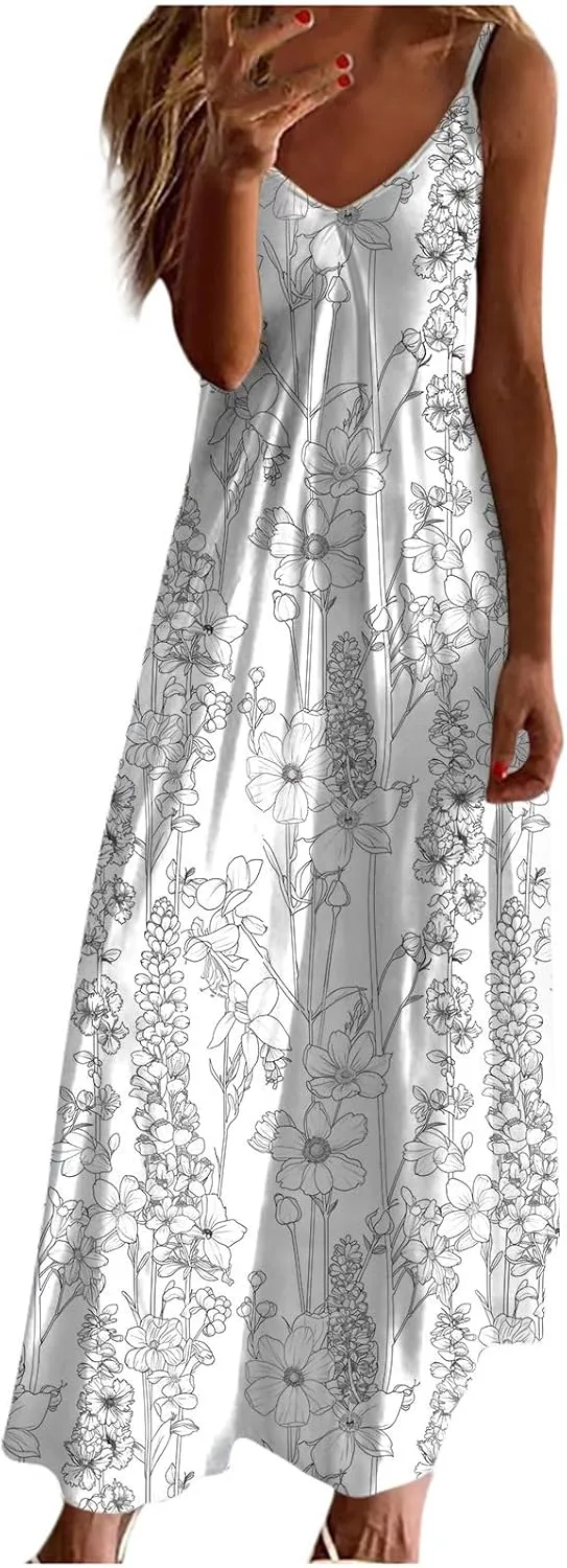 Mzkdieey Women's 2024 Summer Dress Casual Boho Floral Print Sundress Spaghetti Strap V Neck Flowy Maxi Beach Vacation Dress