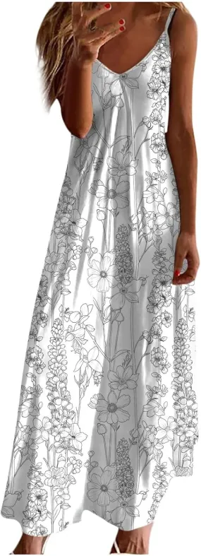 Mzkdieey Women's 2024 Summer Dress Casual Boho Floral Print Sundress Spaghetti Strap V Neck Flowy Maxi Beach Vacation Dress