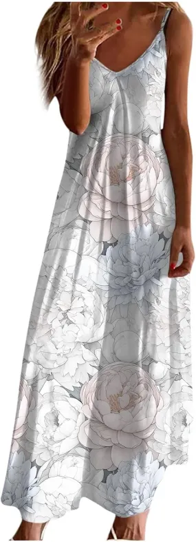 Mzkdieey Women's 2024 Summer Dress Casual Boho Floral Print Sundress Spaghetti Strap V Neck Flowy Maxi Beach Vacation Dress