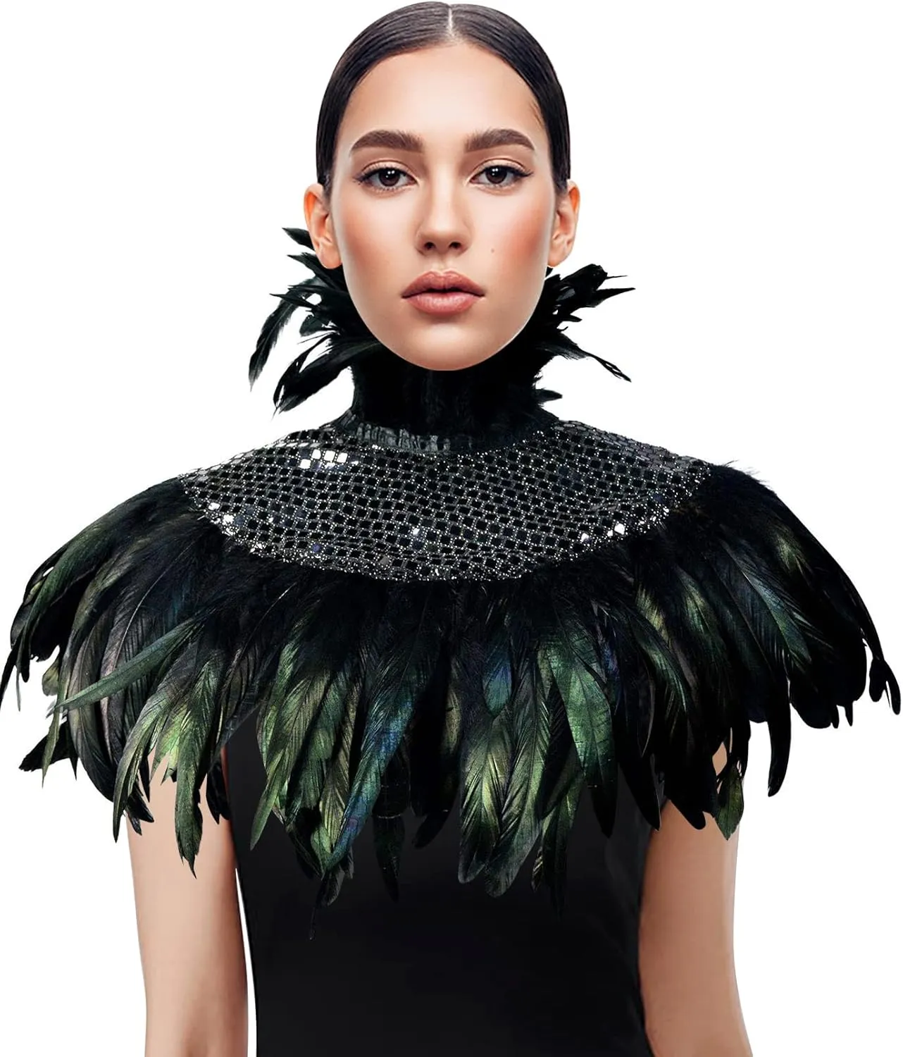 Natural Feather Sequins Shrug Shawl Cloak Collar Gothic Victorian Black Feather Shawl Halloween Dress up