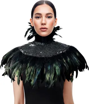 Natural Feather Sequins Shrug Shawl Cloak Collar Gothic Victorian Black Feather Shawl Halloween Dress up