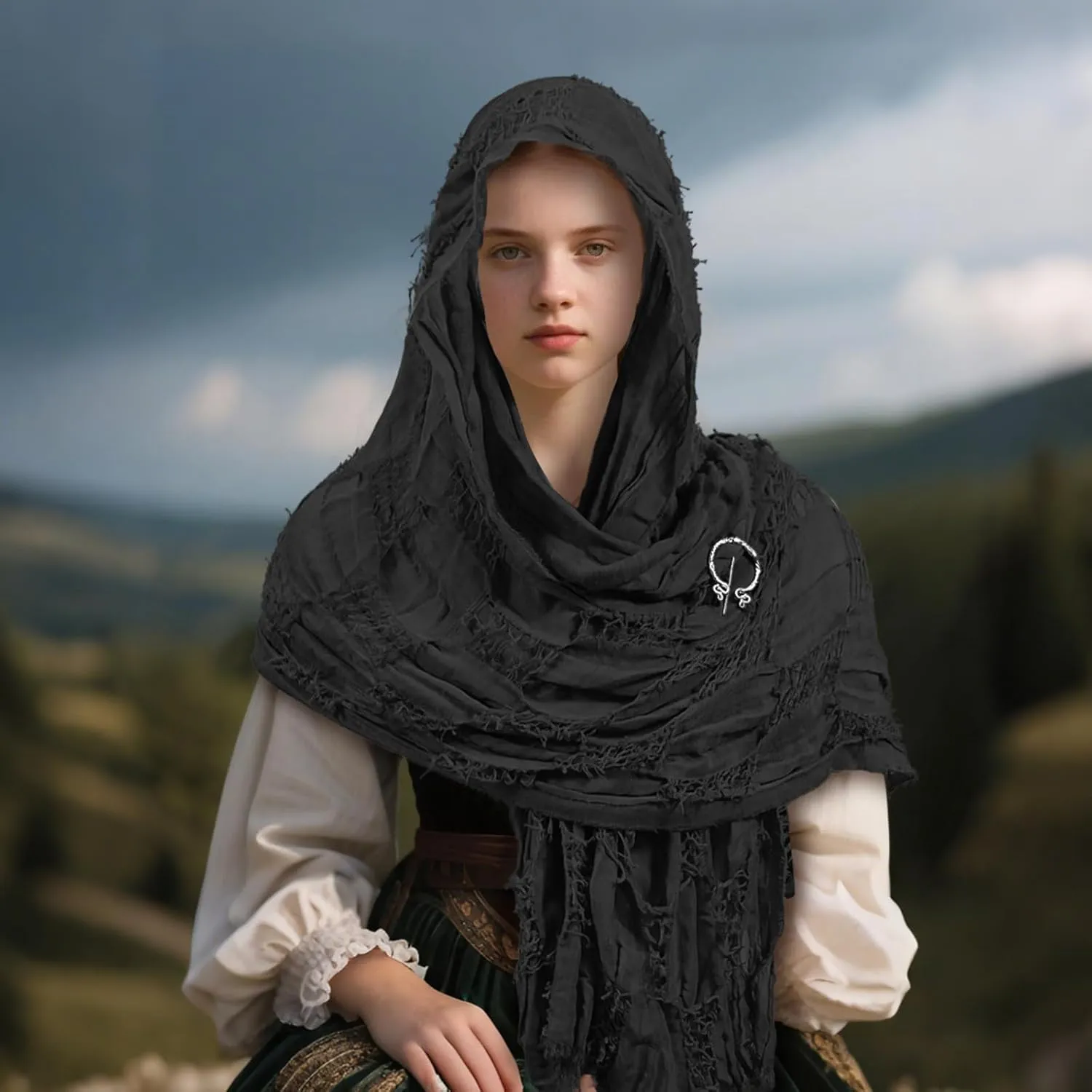 nezababycos Post Apocalyptic Hooded Shawl Scarf Medieval Renaissance Cowl Cloak Cape Tattered Viking Costume for Men Women