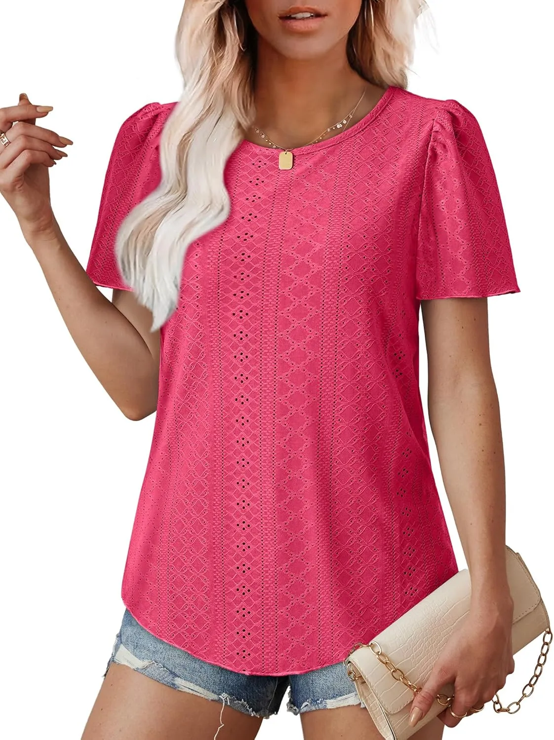 OFEEFAN Womens T Shirts Loose Fit Scooped Neck Short Sleeve Blouses Dressy Casual Summer Tops