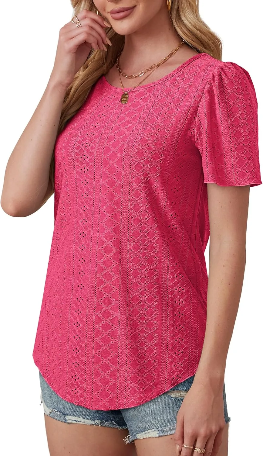 OFEEFAN Womens T Shirts Loose Fit Scooped Neck Short Sleeve Blouses Dressy Casual Summer Tops