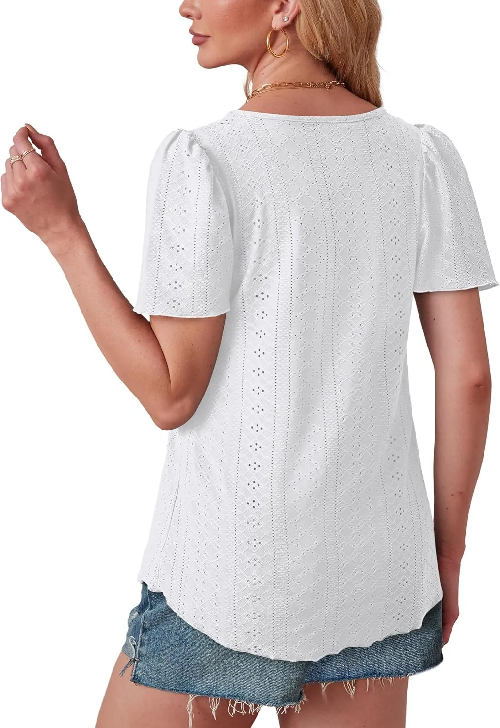OFEEFAN Womens T Shirts Loose Fit Scooped Neck Short Sleeve Blouses Dressy Casual Summer Tops