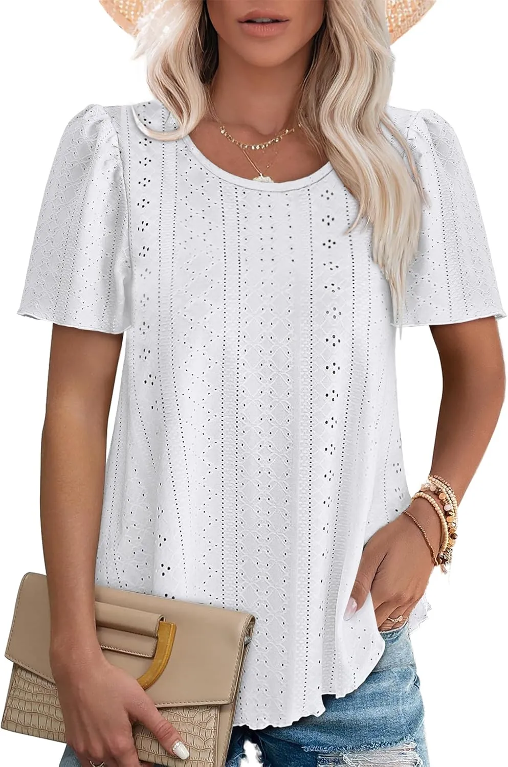 OFEEFAN Womens T Shirts Loose Fit Scooped Neck Short Sleeve Blouses Dressy Casual Summer Tops
