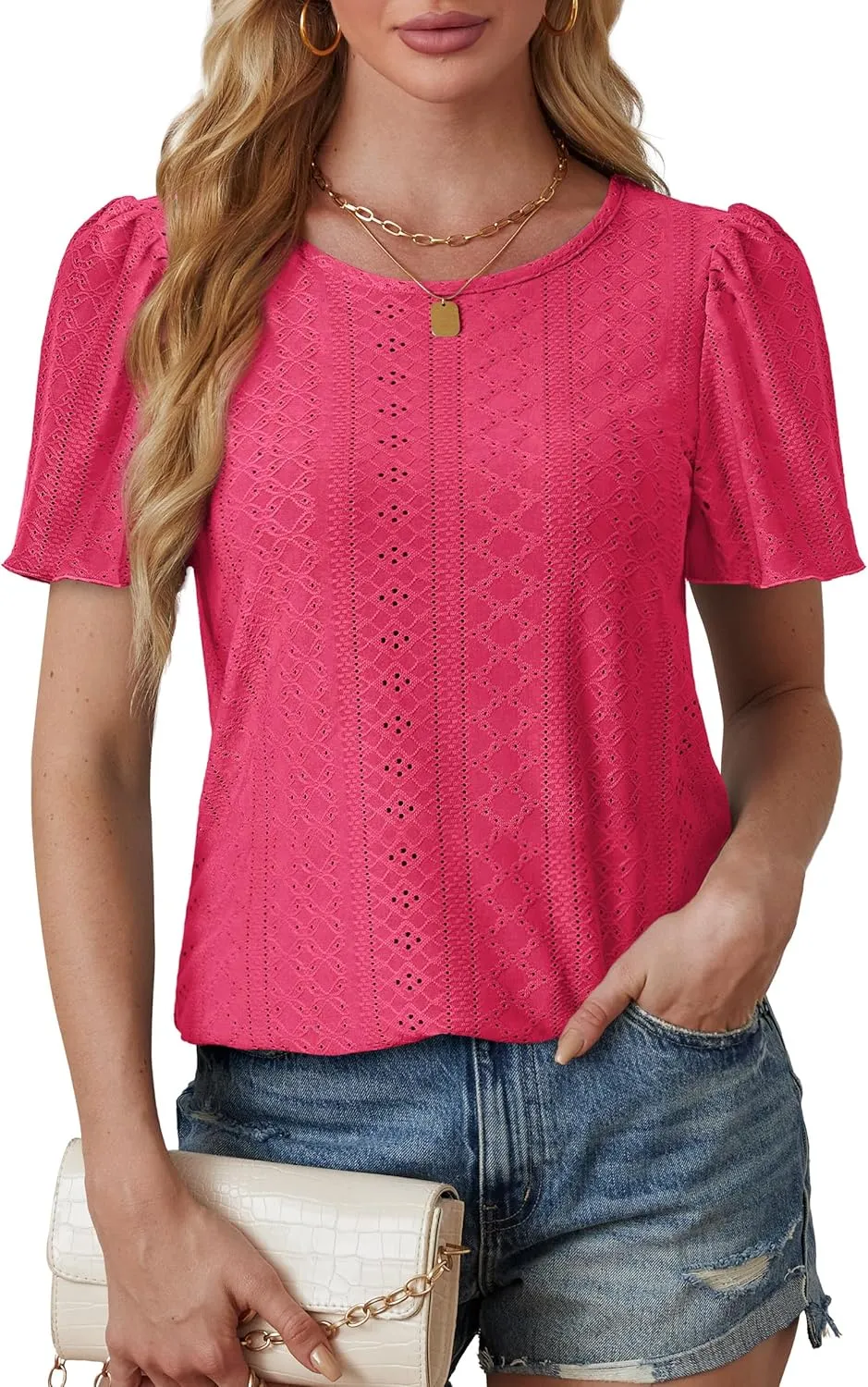 OFEEFAN Womens T Shirts Loose Fit Scooped Neck Short Sleeve Blouses Dressy Casual Summer Tops