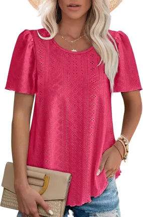 OFEEFAN Womens T Shirts Loose Fit Scooped Neck Short Sleeve Blouses Dressy Casual Summer Tops