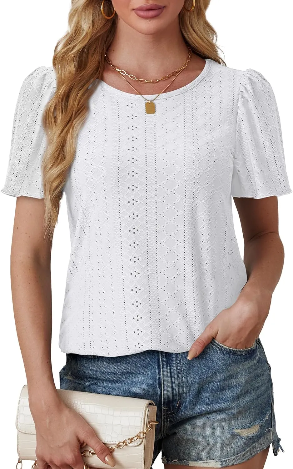 OFEEFAN Womens T Shirts Loose Fit Scooped Neck Short Sleeve Blouses Dressy Casual Summer Tops