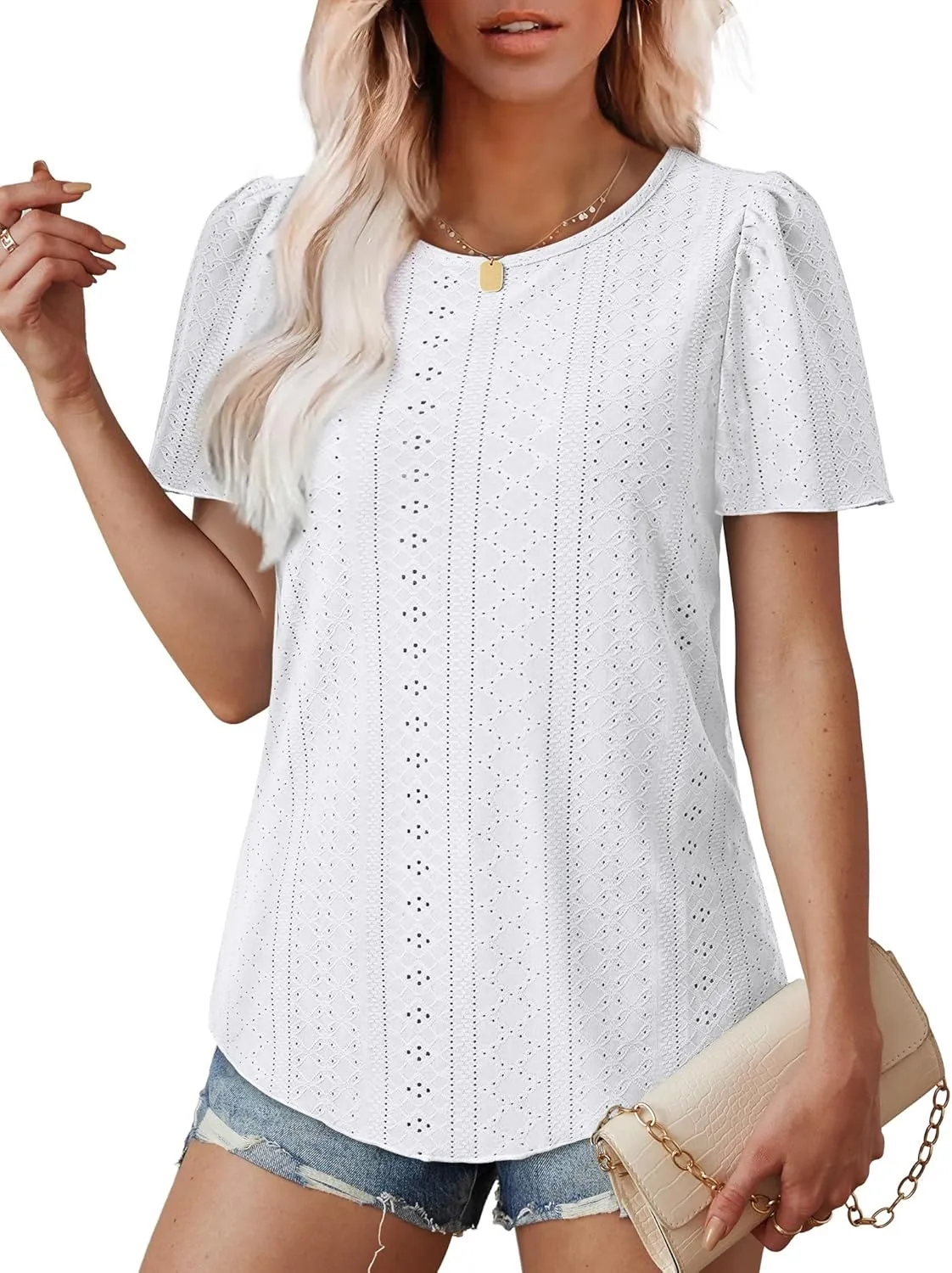 OFEEFAN Womens T Shirts Loose Fit Scooped Neck Short Sleeve Blouses Dressy Casual Summer Tops