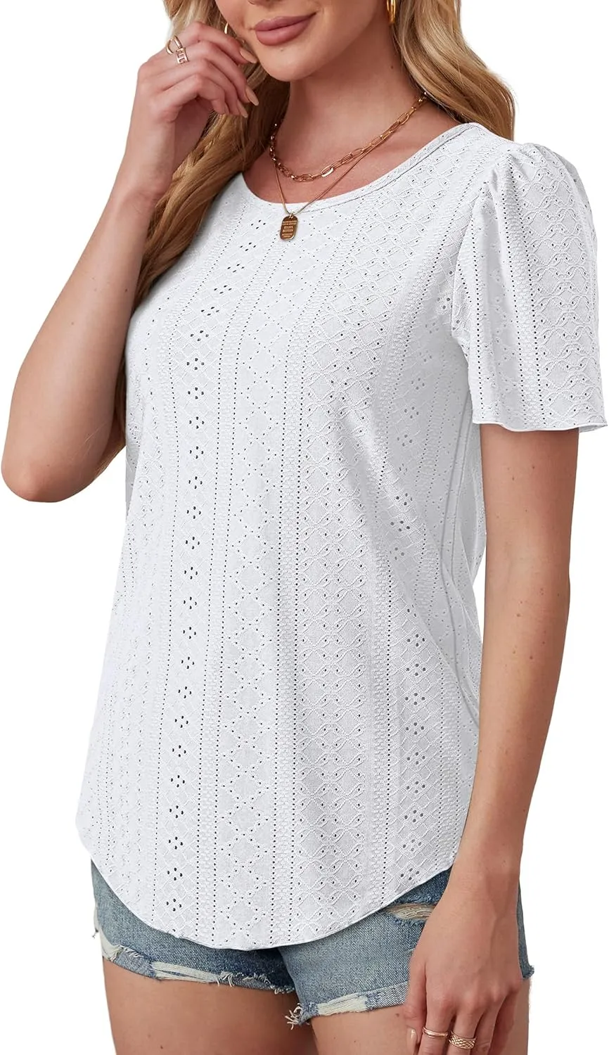 OFEEFAN Womens T Shirts Loose Fit Scooped Neck Short Sleeve Blouses Dressy Casual Summer Tops