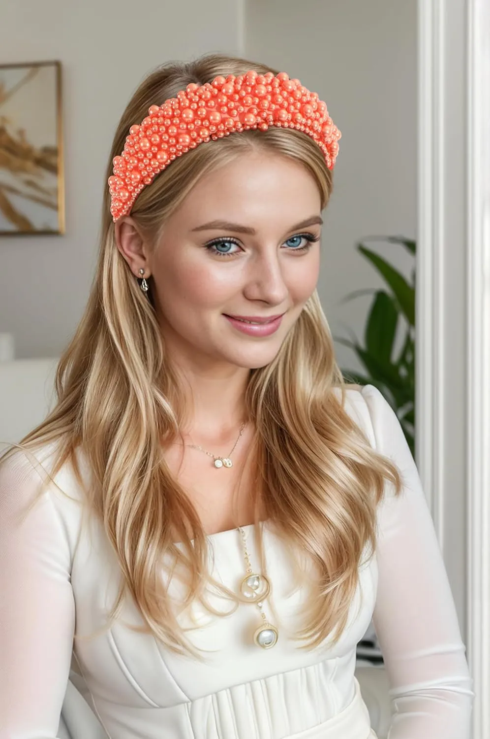 Padded Pearl Headband Thick Beaded Headbands for Women Non Slip Fancy Puffy Headband Pearl Headpiece for Bride Wedding Hairband Hair Accessories Gift B-Orange