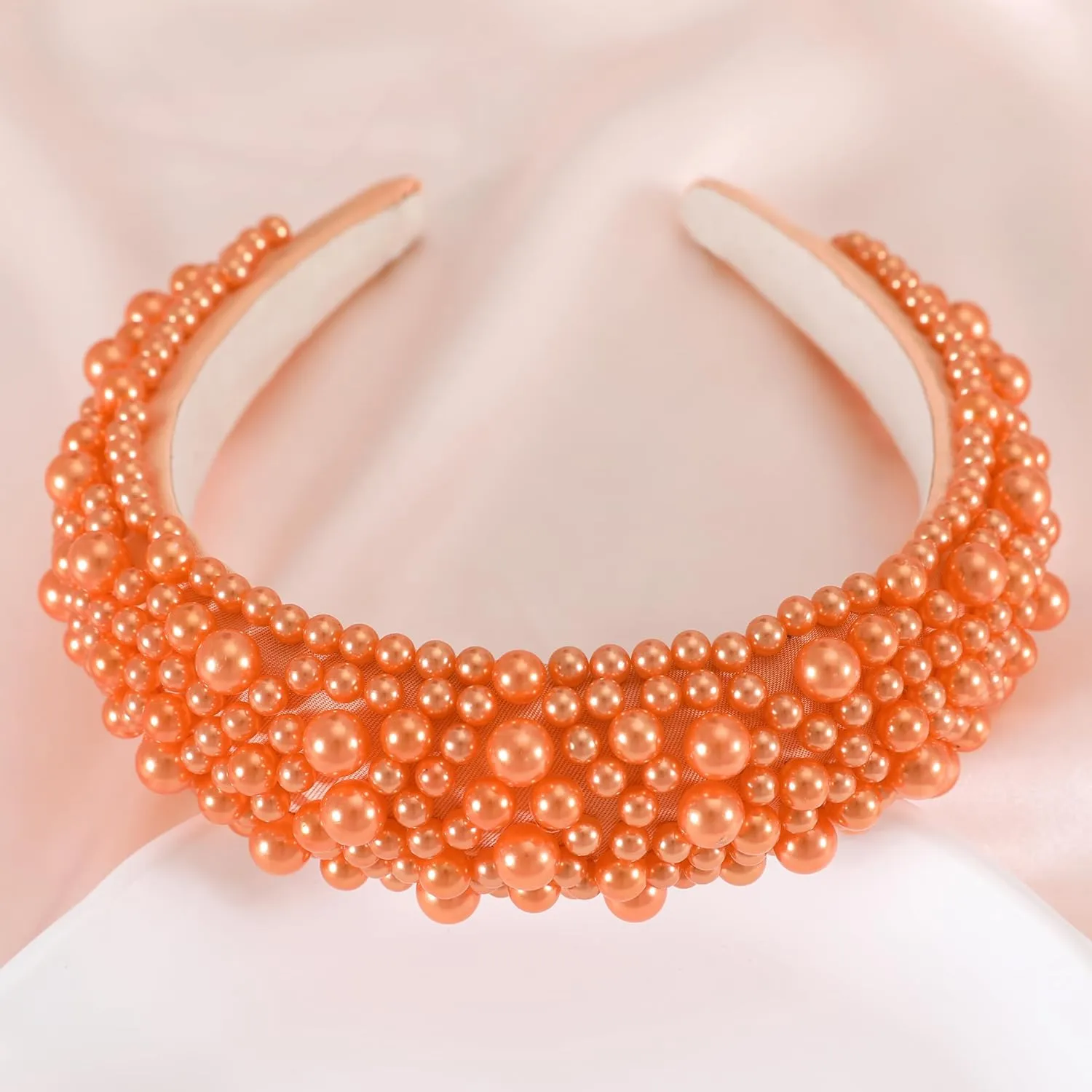 Padded Pearl Headband Thick Beaded Headbands for Women Non Slip Fancy Puffy Headband Pearl Headpiece for Bride Wedding Hairband Hair Accessories Gift B-Orange
