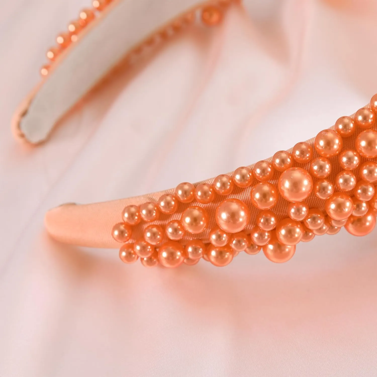 Padded Pearl Headband Thick Beaded Headbands for Women Non Slip Fancy Puffy Headband Pearl Headpiece for Bride Wedding Hairband Hair Accessories Gift B-Orange
