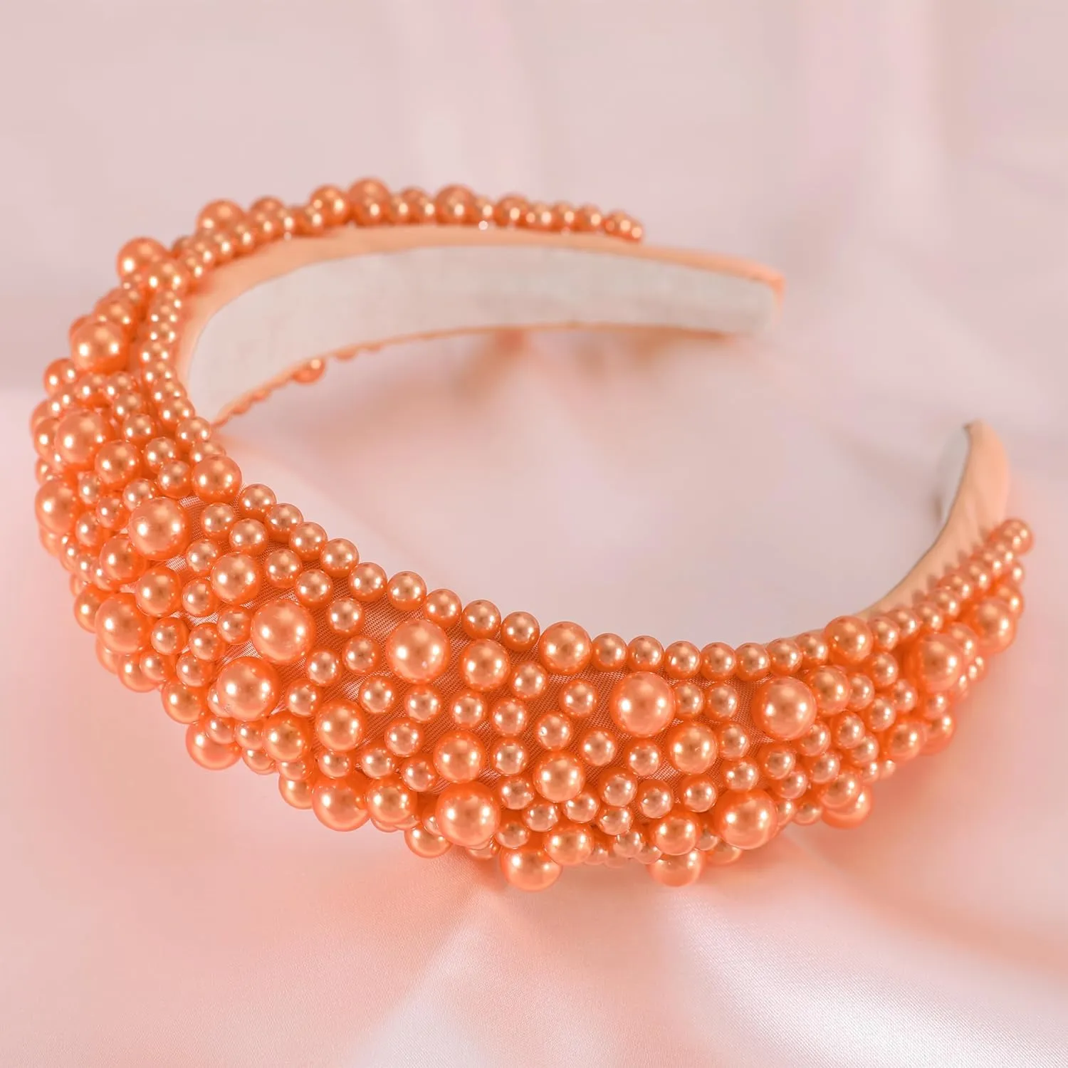 Padded Pearl Headband Thick Beaded Headbands for Women Non Slip Fancy Puffy Headband Pearl Headpiece for Bride Wedding Hairband Hair Accessories Gift B-Orange