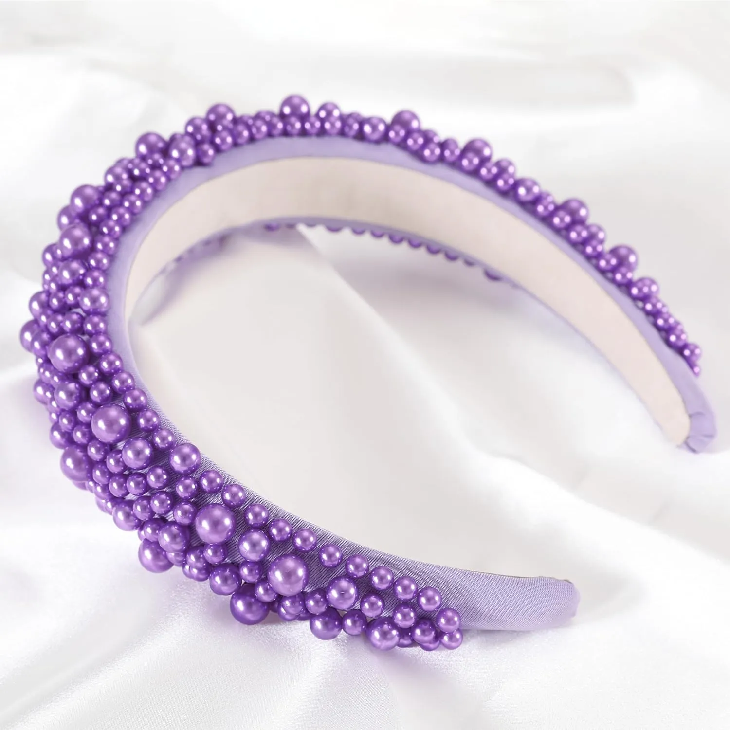 Padded Pearl Headband Thick Beaded Headbands for Women Non Slip Fancy Puffy Headband Pearl Headpiece for Bride Wedding Hairband Hair Accessories Gift B-Purple