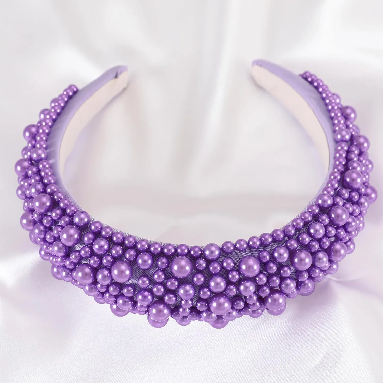 Padded Pearl Headband Thick Beaded Headbands for Women Non Slip Fancy Puffy Headband Pearl Headpiece for Bride Wedding Hairband Hair Accessories Gift B-Purple