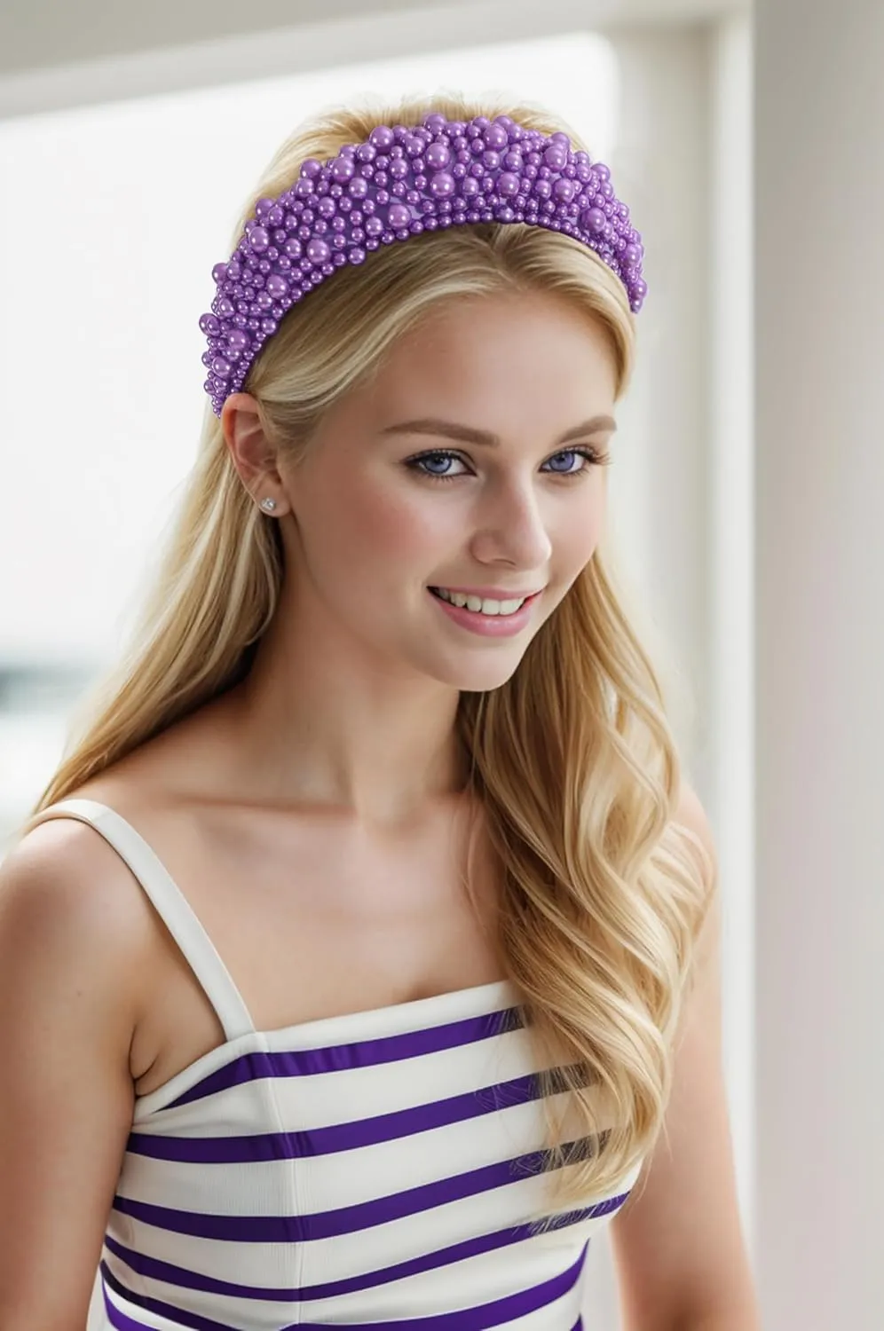Padded Pearl Headband Thick Beaded Headbands for Women Non Slip Fancy Puffy Headband Pearl Headpiece for Bride Wedding Hairband Hair Accessories Gift B-Purple
