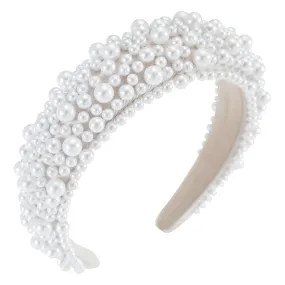 Padded Pearl Headband Thick Beaded Headbands for Women Non Slip Fancy Puffy Headband Pearl Headpiece for Bride Wedding Hairband Hair Accessories Gift B-White