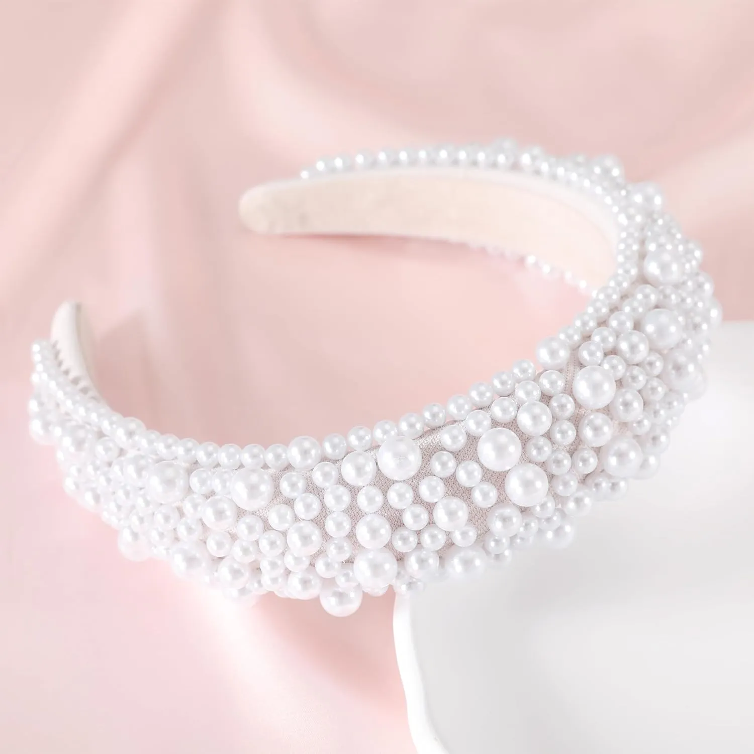 Padded Pearl Headband Thick Beaded Headbands for Women Non Slip Fancy Puffy Headband Pearl Headpiece for Bride Wedding Hairband Hair Accessories Gift B-White
