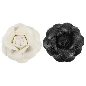 PATIKIL Flower Hair Clips, 2 Pack Camellia Hairpin Floral Brooches Pin Handmade Leather Flower Brooch for Lady Bridal Women Hat Dress Shirt, Black, Beige