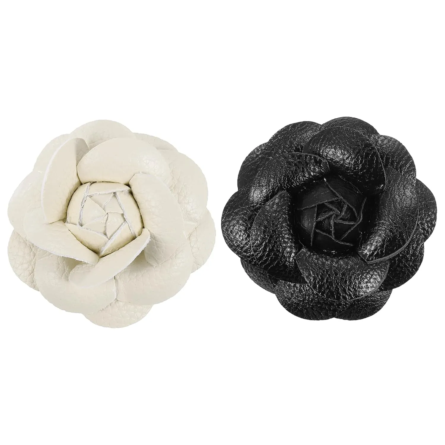 PATIKIL Flower Hair Clips, 2 Pack Camellia Hairpin Floral Brooches Pin Handmade Leather Flower Brooch for Lady Bridal Women Hat Dress Shirt, Black, Beige