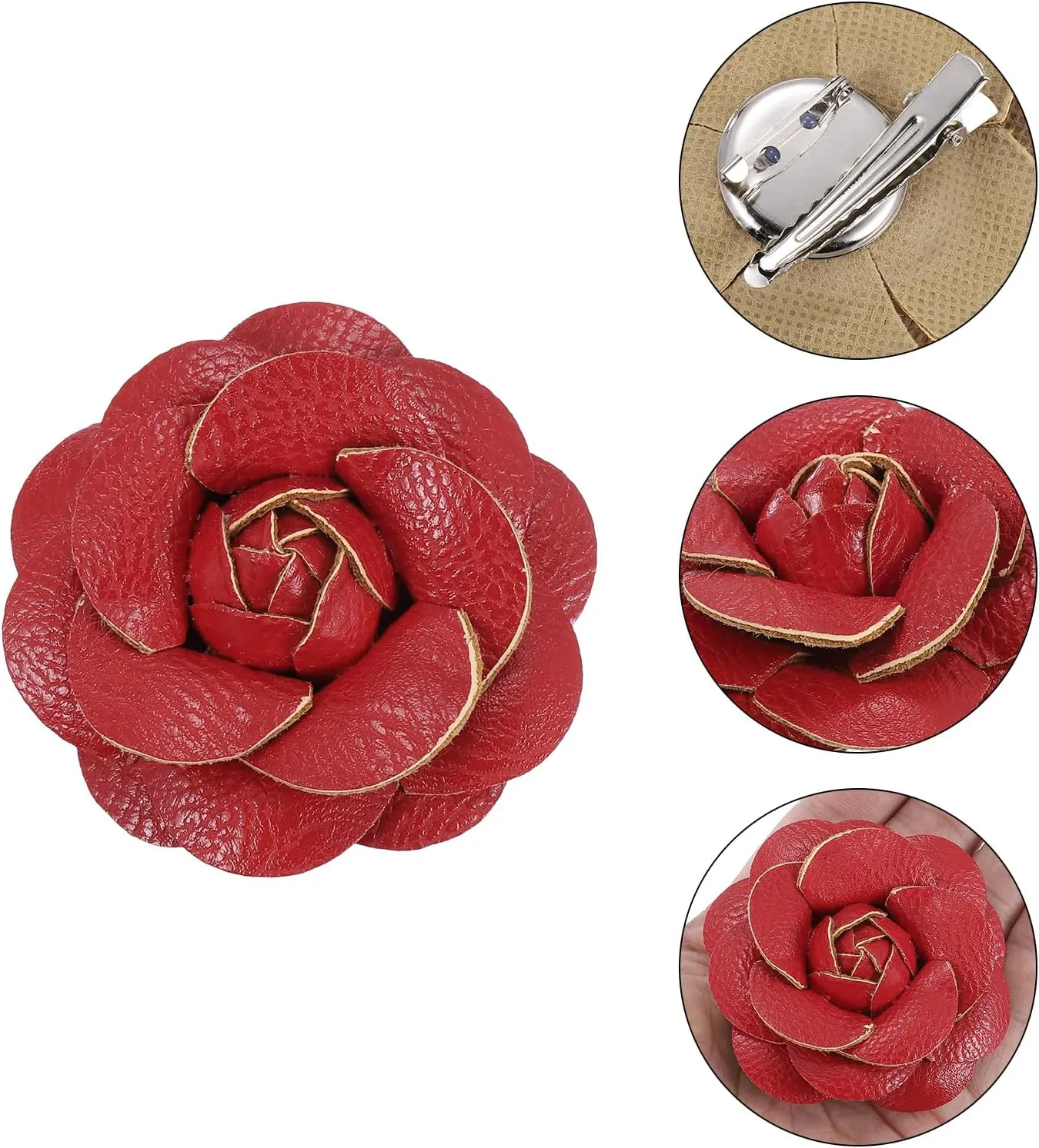 PATIKIL Flower Hair Clips, Camellia Hairpin Floral Brooches Pin Handmade Leather Flower Brooch for Lady Bridal Women Hat Dress Shirt
