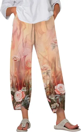 Petite Linen Pants Summer Wide Leg Hight Waisted Capri Pants Cotton Linen Comfy Cropped Palazzo Trousers with Pockets