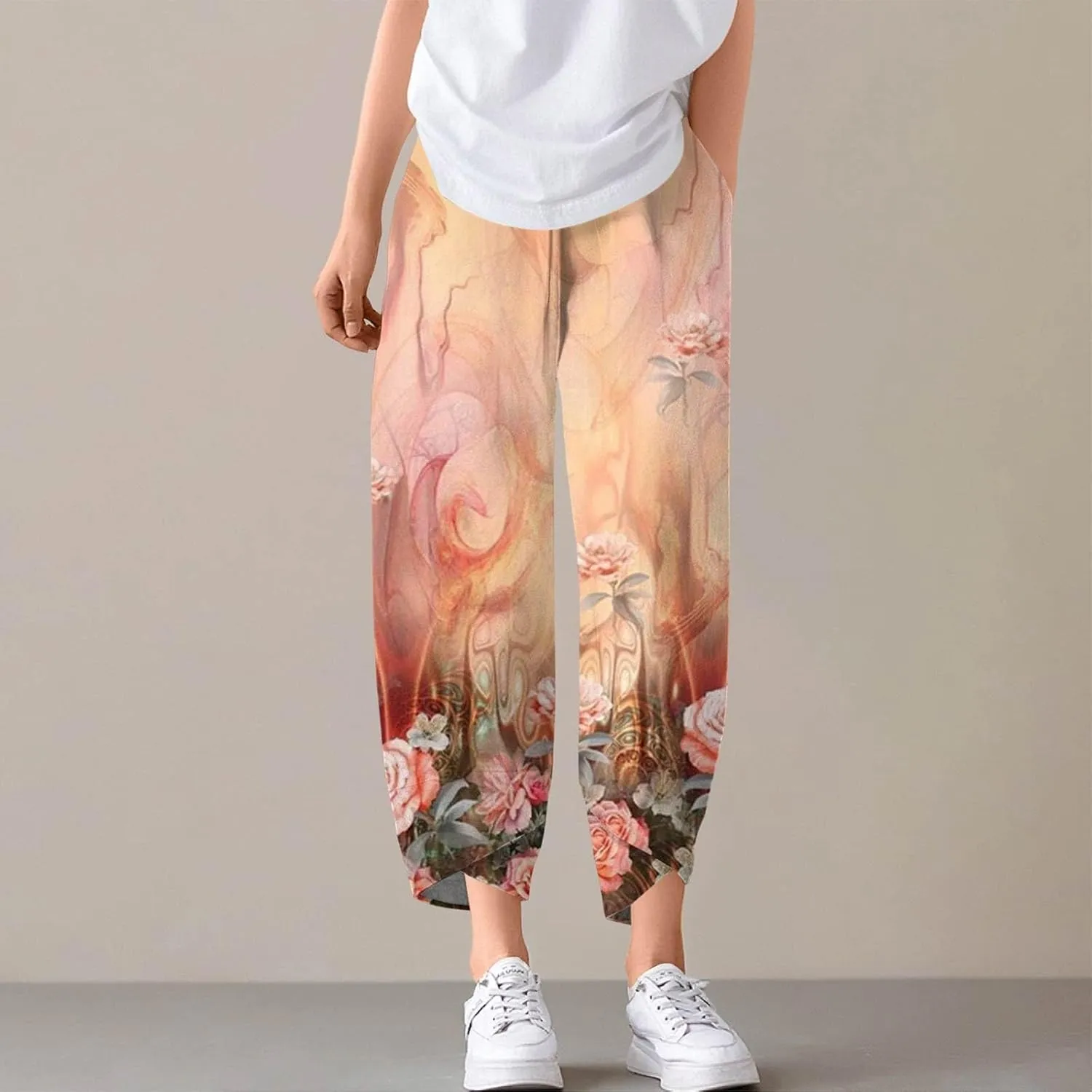 Petite Linen Pants Summer Wide Leg Hight Waisted Capri Pants Cotton Linen Comfy Cropped Palazzo Trousers with Pockets