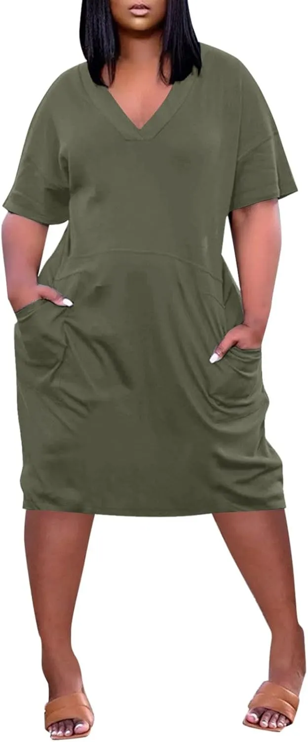 Plus Size Dresses for Curvy Women 2025 Oversized V Neck Short Sleeve Midi Dress Casual Summer T Shirt Dress w/Pockets