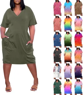 Plus Size Dresses for Curvy Women 2025 Oversized V Neck Short Sleeve Midi Dress Casual Summer T Shirt Dress w/Pockets