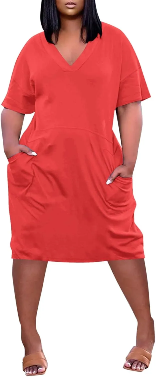 Plus Size Dresses for Curvy Women 2025 Oversized V Neck Short Sleeve Midi Dress Casual Summer T Shirt Dress w/Pockets