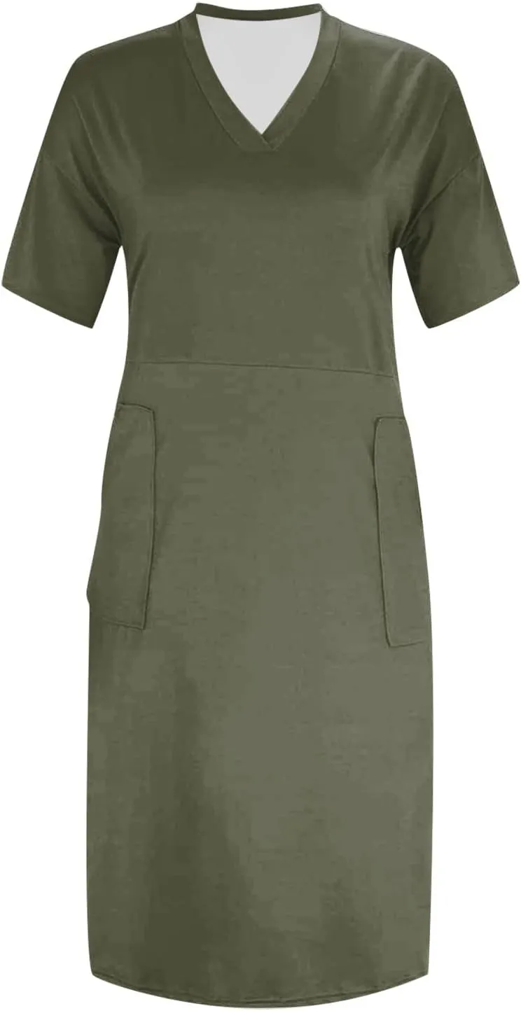 Plus Size Dresses for Curvy Women 2025 Oversized V Neck Short Sleeve Midi Dress Casual Summer T Shirt Dress w/Pockets