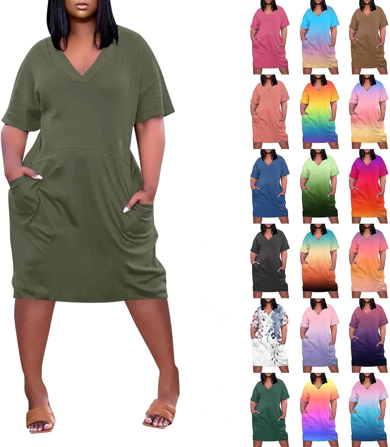 Plus Size Dresses for Curvy Women 2025 Oversized V Neck Short Sleeve Midi Dress Casual Summer T Shirt Dress w/Pockets