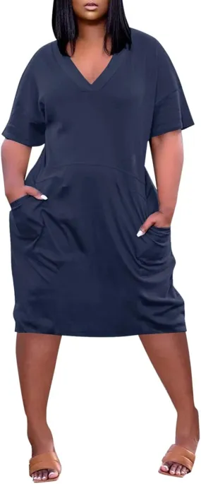 Plus Size Dresses for Curvy Women 2025 Oversized V Neck Short Sleeve Midi Dress Casual Summer T Shirt Dress w/Pockets