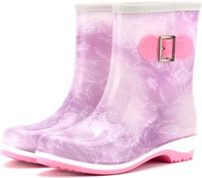 Rain Boots for Women Mid Calf Fashion Waterproof Plastic Low Heel Jelly Color Hasp Slip-on High Boots Comfy Casual Round Toe Square Heel Shoes